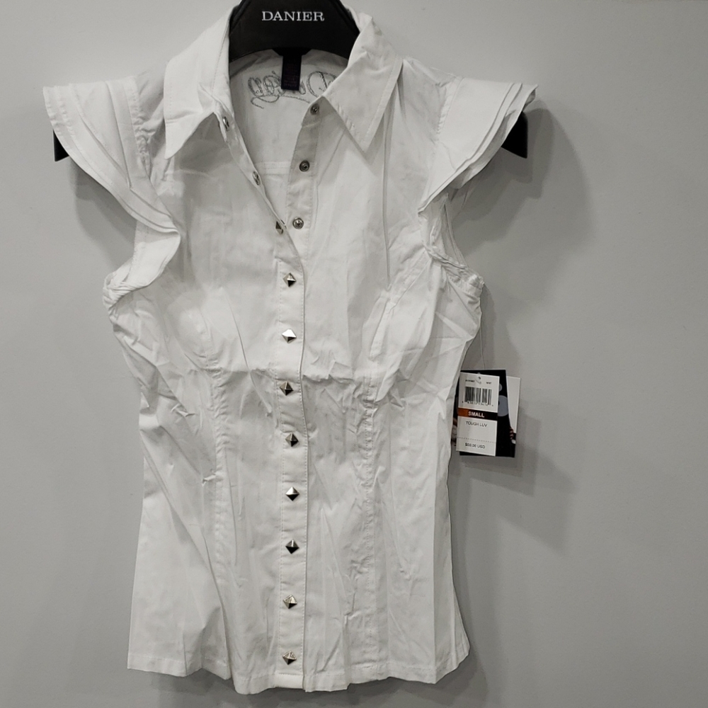 Dereon White Ruffle Sleeve Button-Front Blouse